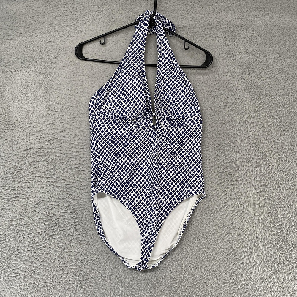 Helen Jon Swimsuit Womens Medium Blue Geometric Halter One Piece USA Tie Back